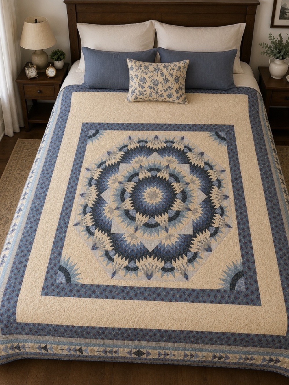 Vintage Handmade Compass Quilt | King 102” x 118”